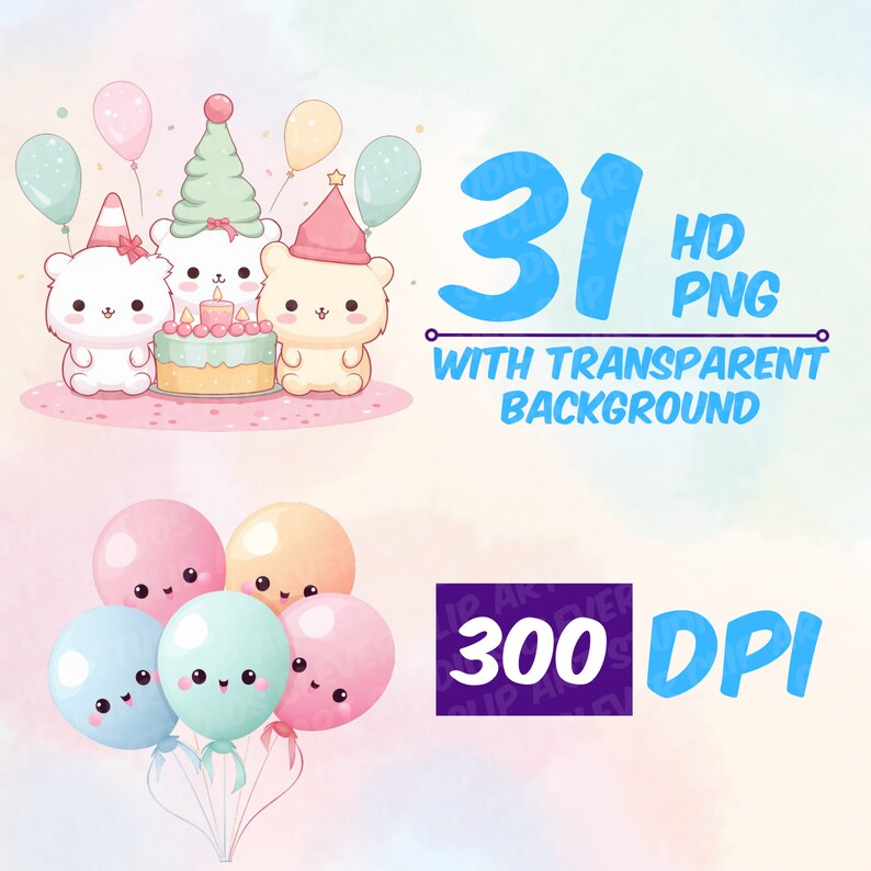 May include: A digital illustration of three cute white bears wearing party hats and holding a birthday cake with candles. The bears are surrounded by colourful balloons. The image includes the text "31 HD PNG with transparent background 300 DPI".