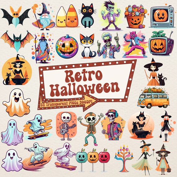 Retro Halloween Groovy Clipart Bundle Vintage Ghost Spooky Skeleton Dancing Halloween Witch Clipart Printable Groovy Sublimation PNG Bundle