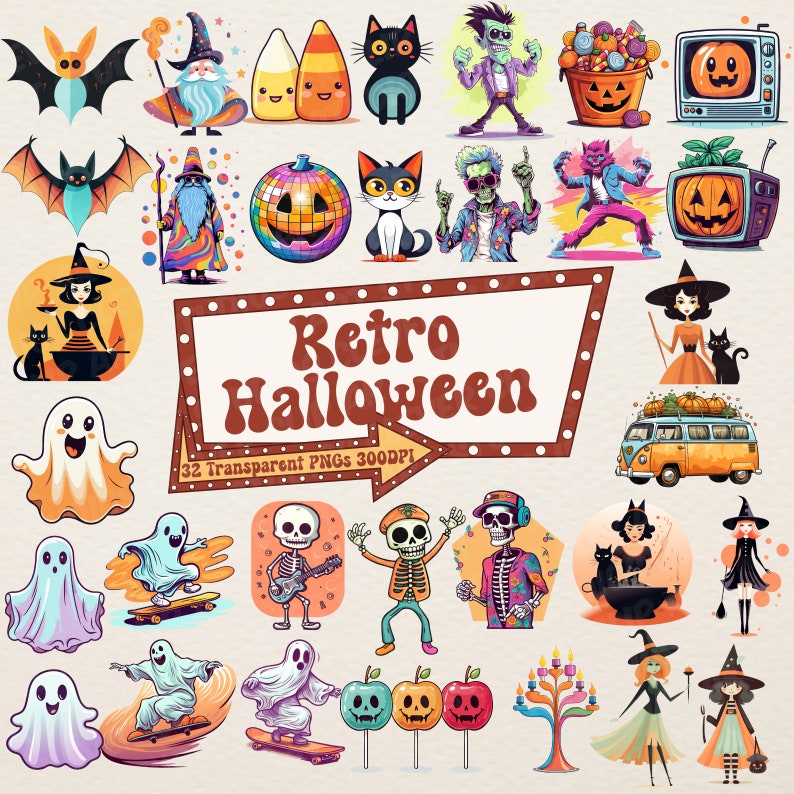 Puede incluir: Un conjunto de 32 im&aacute;genes de clip art de Halloween retro. Las im&aacute;genes presentan fantasmas, esqueletos, brujas, gatos, calabazas y otros personajes con tem&aacute;tica de Halloween. Las im&aacute;genes est&aacute;n en un estilo de dibujos animados y son perfectas para usar en proyectos digitales.
