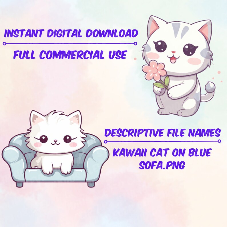 May include: A digital illustration of a cute white cat sitting on a blue sofa. The cat has big eyes and a pink nose. The sofa is a light blue color and has a white trim. The background is a soft pink and blue watercolor wash.