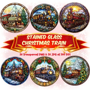 Bundle de cliparts vitrail Train de Noël vitrail rond Bundle PNG de Noël rond ornement sublimation dessins style vitrail