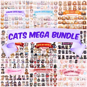 Cat Mega Bundle Cute Cat Kawaii Clipart Megabundle Kitten Clipart Transparent PNG Bundle Cat Printable Kawaii Downloadable Kitty Sublimation