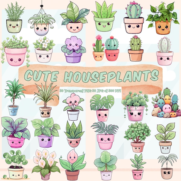 Linda colección de imágenes prediseñadas de plantas de interior Kawaii Plantas en macetas PNG Paquete Planta de interior Kawaii Lindas plantas de interior en macetas Plantas de interior imprimibles