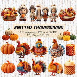 Thanksgiving Stricken Clipart Bundle druckbare transparente PNG Designs Niedliche Thanksgiving PNG gestrickte Herbstliche Clipart gemütlich Cottagecore Herbst