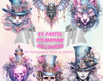 Pastel Steampunk Halloween Clipart Cute Watercolor Pastel Blue Pink Steam Punk Printable Digital Clip Art PNG Bundle Spooky Creepy Witch Cat