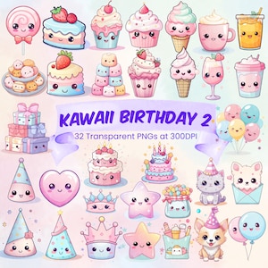 Niedliche Kawaii Geburtstag Clipart Bundle Kawaii Herunterladbare Geburtstag Kunst Niedliche druckbare Designs Kawaii PNG Bundle Anime Cartoon Geburtstag Leckereien