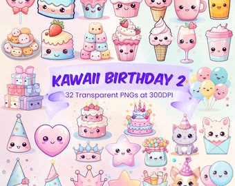 Cute Kawaii Birthday Clipart Bundle Kawaii Downloadable Birthday Art Cute Printable Designs Kawaii PNG Bundle Anime Cartoon Birthday Treats