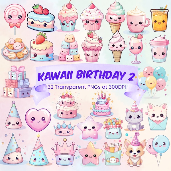 Cute Kawaii Birthday Clipart Bundle Kawaii Downloadable Birthday Art Cute Printable Designs Kawaii PNG Bundle Anime Cartoon Birthday Treats