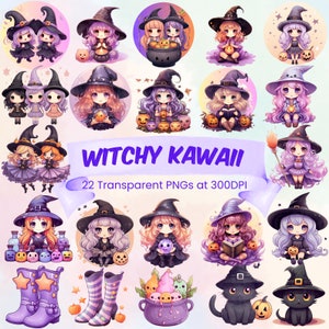Bundle di clipart carine di Halloween Kawaii strega, download stampabile di Halloween, clipart PNG di strega carina, bundle di streghe kawaii, gatto, strega di Halloween