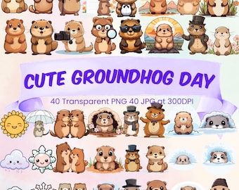 Uroczy pakiet clipartów z Dniem Świstaka, Wesoły pakiet PNG z Dniem Świstaka, Cyfrowe pobieranie Świstaka, Wydrukowana sztuka Świstaka, Kawaii Clipart Świstaka