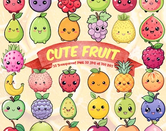 Cute Kawaii Fruit Clipart Bundle Watercolor Cute Fruit PNG Cute Summer Fruits Set Transparent Tropical Fruits Kawaii Strawberry Lemon Lime