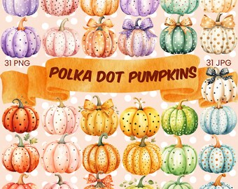 Polka Dot Pumpkin Clipart Bundle Pastel Watercolor Pumpkin Clipart PNG Autumnal Pumpkin Fall Polka Dot Pattern Fun Pumpkin Baby Shower PNG