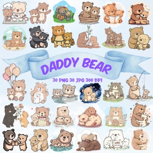 Bundle de cliparts Papa ours mignon et bébé ours PNG Bundle Kawaii téléchargement aquarelle Happy Fathers Day Clipart Ours mignon, papa et moi