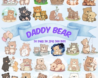 Paquete de imágenes prediseñadas de Papá Oso Lindo paquete PNG de Papá Oso y Bebé Oso Kawaii Descarga Acuarela Imágenes prediseñadas de Feliz Día del Padre Lindo Oso Papá y yo