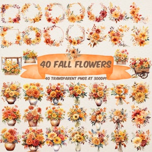 Fall Flowers Autumn Clipart Cozy Botanical Bundle Bouquets Vintage Vases Cottagecore Wreath Floral Frames Transparent PNG Bundle for Wedding