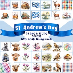 May include: A collection of 35 PNG and 35 JPG images celebrating St. Andrew's Day. The images feature Scottish symbols like the Saltire flag, the Loch Ness Monster, and a Highland cow. The images are 300 DPI and have white backgrounds.