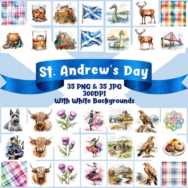 St Andrews Day Clipart Bundle Ecosse imprimable vache Highland tartan de chardon écossais Haggis St Andrews croix monstre du Loch Ness PNG