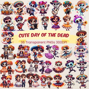 Clipart Joli jour des morts Kawaii Dia de los muertos PNG transparents Bundle Style mexicain Clipart mignon Halloween coloré squelette PNG