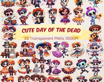 May include: A set of 36 digital illustrations featuring cute cartoon skeletons dressed in traditional Day of the Dead attire. The skeletons are depicted in various poses, including dancing, playing music, and holding flowers. The illustrations are perfect for creating festive crafts, cards, and decorations.