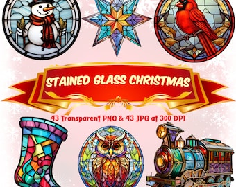 Stained Glass Christmas Clipart Bundle Colorful Christmas Shaped Stained Glass Bundle Xmas Decoration PNG Sublimation Ornament PNG Bundle