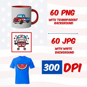 May include: A set of 60 digital images featuring cute cartoon designs with a patriotic theme. The images are available in both PNG and JPG formats, with the PNG files having transparent backgrounds and the JPG files having white backgrounds. The images are 300 DPI and perfect for use in crafting projects, scrapbooking, or digital design.