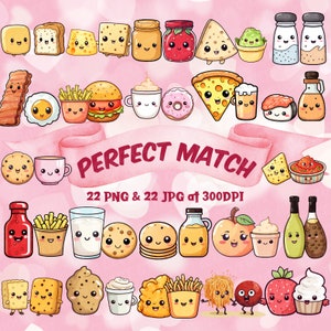 Perfect Match Cute Kawaii Food Couples PNG Best Friends Clipart Kawaii Valentine PNG Cute Sweets Kawaii Downloadable Clipart Cute Food Pairs