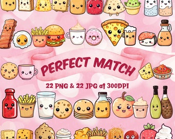 Perfect Match Cute Kawaii Food Couples PNG Best Friends Clipart Kawaii Valentine PNG Cute Sweets Kawaii Downloadable Clipart Cute Food Pairs