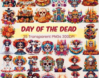 Dag van de Doden Clipart Dia De Los Muertos transparante PNG-bundel Mexicaanse traditionele kleurrijke schedel spookskelet afdrukbare kunst downloaden