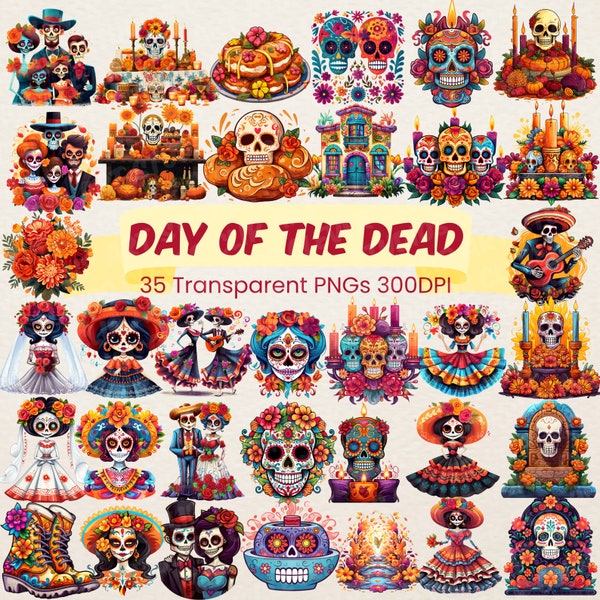 Le jour des morts Clipart Dia De Los Muertos PNG Transparent Bundle mexicain traditionnel coloré crâne fantôme squelette Art imprimable téléchargement