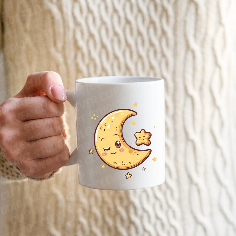 May include: White ceramic mug with a cartoon crescent moon and a star design. The moon has a smiling face with closed eyes and rosy cheeks. The star is yellow with a smiling face.