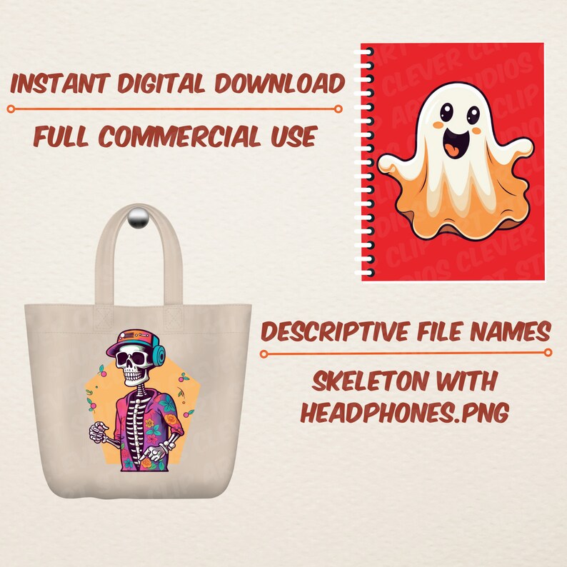 Puede incluir: Una bolsa de tela blanca con una ilustraci&oacute;n colorida de un esqueleto con auriculares y una camisa floral. El texto "INSTANT DIGITAL DOWNLOAD FULL COMMERCIAL USE" est&aacute; en la parte superior de la imagen. El texto "DESCRIPTIVE FILE NAMES SKELETON WITH HEADPHONES.PNG" est&aacute; en la parte inferior de la imagen.