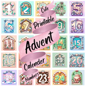 Cute Advent Calendar Numbers Kawaii Christmas Printable Advent Numbers PNG For DIY Advent Calendar Xmas Countdown Calendar Pastel Clipart