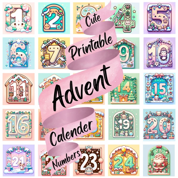 Cute Advent Calendar Numbers Kawaii Christmas Printable Advent Numbers PNG For DIY Advent Calendar Xmas Countdown Calendar Pastel Clipart