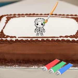 May include: A chocolate cake with a white frosting border and a cartoon character in the center. The character is outlined in black and is being painted with a green paintbrush. There are three tubes of frosting in red, green, and blue.