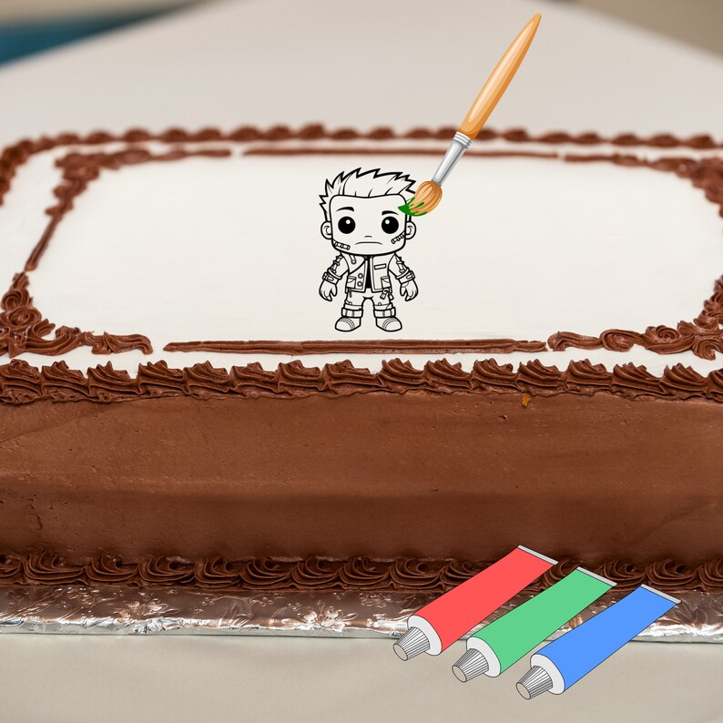 May include: A chocolate cake with a white frosting border and a cartoon character in the center. The character is outlined in black and is being painted with a green paintbrush. There are three tubes of frosting in red, green, and blue.