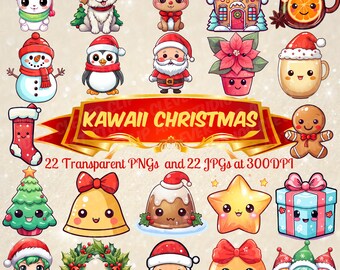 Cute Kawaii Christmas Clipart Bundle Transparent Printable Christmas PNG Sublimation Kawaii Downloadable Festive Designs Cute Xmas Clipart