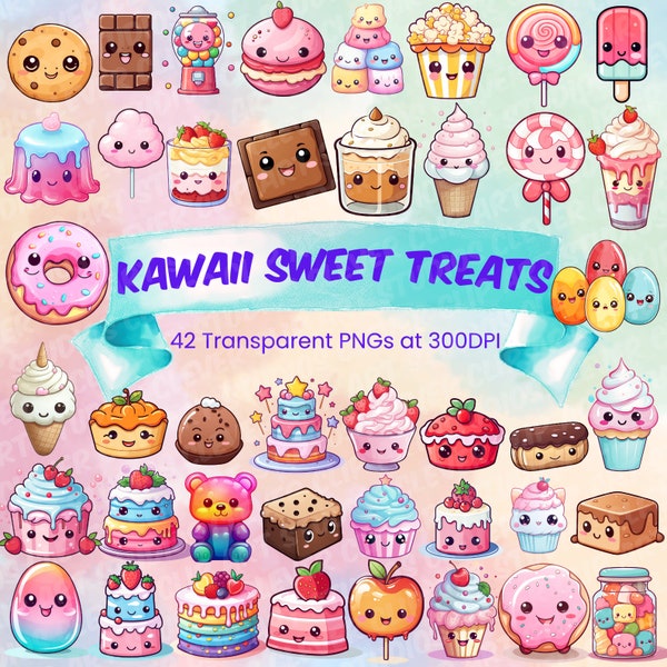 Süßes Kawaii-Clipart-Bundle für süße Leckereien. Kawaii herunterladbare Cliparts, süße Süßigkeiten, transparentes PNG-Bundle, Eiscreme-Clipart, Süßigkeiten-PNG-Süßigkeiten