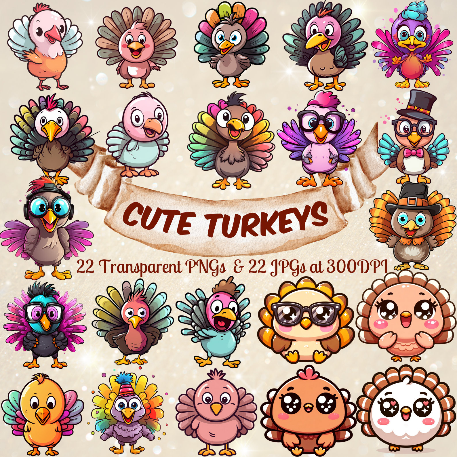 kawaii cute turkey clipart bundle funny thanksgiving turkey png