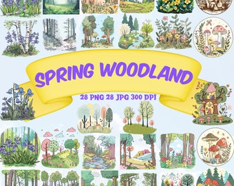 Spring Woodland Clipart Bundle Cute Forest Clipart Kawaii Woodland Springtime Printable Woodland Nursery Clipart Floral Spring PNG Bundle