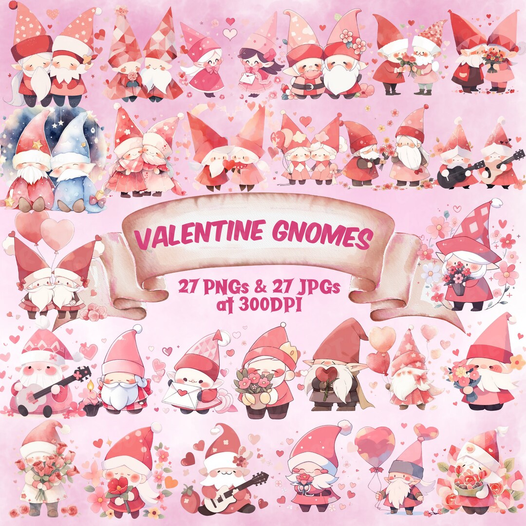 Cute Valentine Gnome PNG Bundle Kawaii Gnome Couple Clipart Watercolor ...