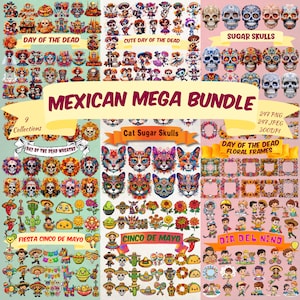 Mexican Megabundle Cute Clipart Day of the Dead Cinco De Mayo Del Nino Sugar Skulls Wreaths Floral Frames Colorful Mexican Style PNG Bundle