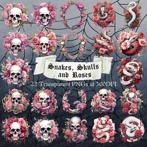 Cobras Crânios e Rosas Clipart Pacote Floral Gótico Botânico Clipart Transparente Download PNG Pacote Vintage Crânio Serpente Cabeça de Cobra