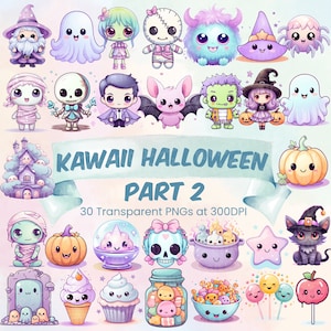 Paquete de imágenes prediseñadas de dulces pastel lindos de Halloween kawaii Feliz Halloween PNG imprimible Bruja Gato Calabaza Fantasma Murciélago Esqueleto Momia Zombie Clipart