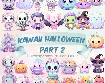 Kawaii Halloween Cute Pastel Candy Clipart Bundle Happy Halloween Printable PNG Witch Cat Pumpkin Ghost Bat Skeleton Mummy Zombie Clipart