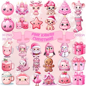 Rosa Kawaii Weihnachten Clipart Bundle Niedliche Rosa Weihnachten Transparente PNG Bundle Kawaii Herunterladbare Festliche Design Cute Xmas Clipart Premade