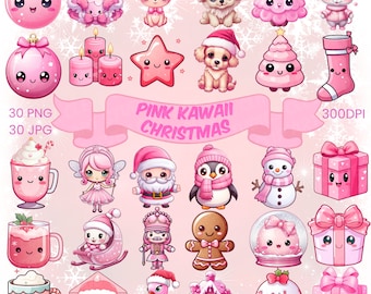 Pink Kawaii Christmas Clipart Bundle Cute Pink Christmas Transparent PNG Bundle Kawaii Downloadable Festive Design Cute Xmas Clipart Premade