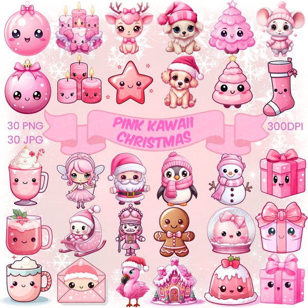 Pink Kawaii Christmas Clipart Bundle Cute Pink Christmas Transparent PNG Bundle Kawaii Downloadable Festive Design Cute Xmas Clipart Premade