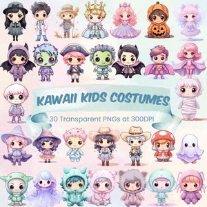 Kawaii Kids Halloween Costume Clipart Cute Pastel Candy Clipart Bundle Happy Halloween Printable PNG Kid Witch Cat Pumpkin Ghost Bat Clipart