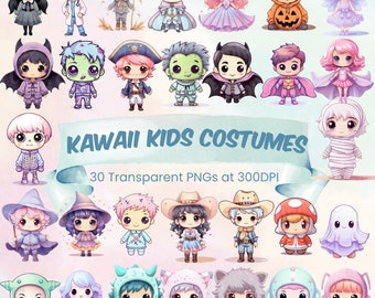 Kawaii Kids Halloween Costume Clipart Cute Pastel Candy Clipart Bundle Happy Halloween Printable PNG Kid Witch Cat Pumpkin Ghost Bat Clipart