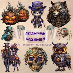 Steampunk Halloween Clipart Bundle Steampunk Printable Digital Transparent PNG Gothic Steam Punk Apothecary Bottles Skeleton Witch Clipart